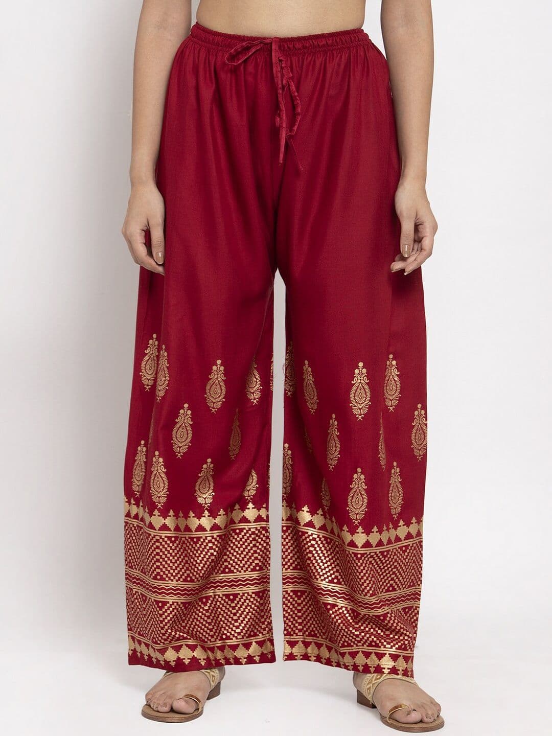 Clora Creation Women Maroon & Gold-Coloured Printed Straight Palazzos - view 1