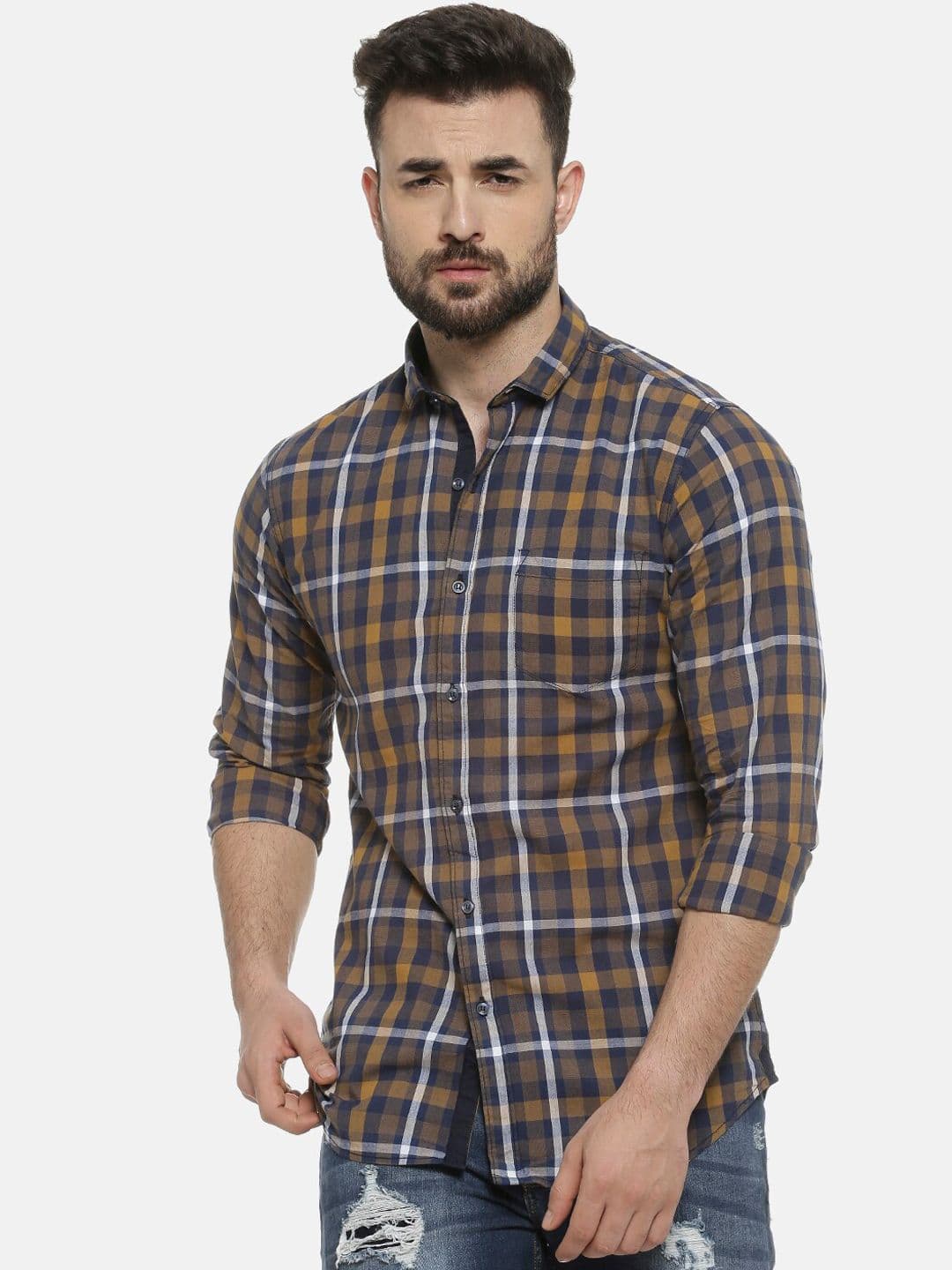 CAHOOT Men Brown & Navy Blue Regular Fit Checked Casual Shirt - view 1