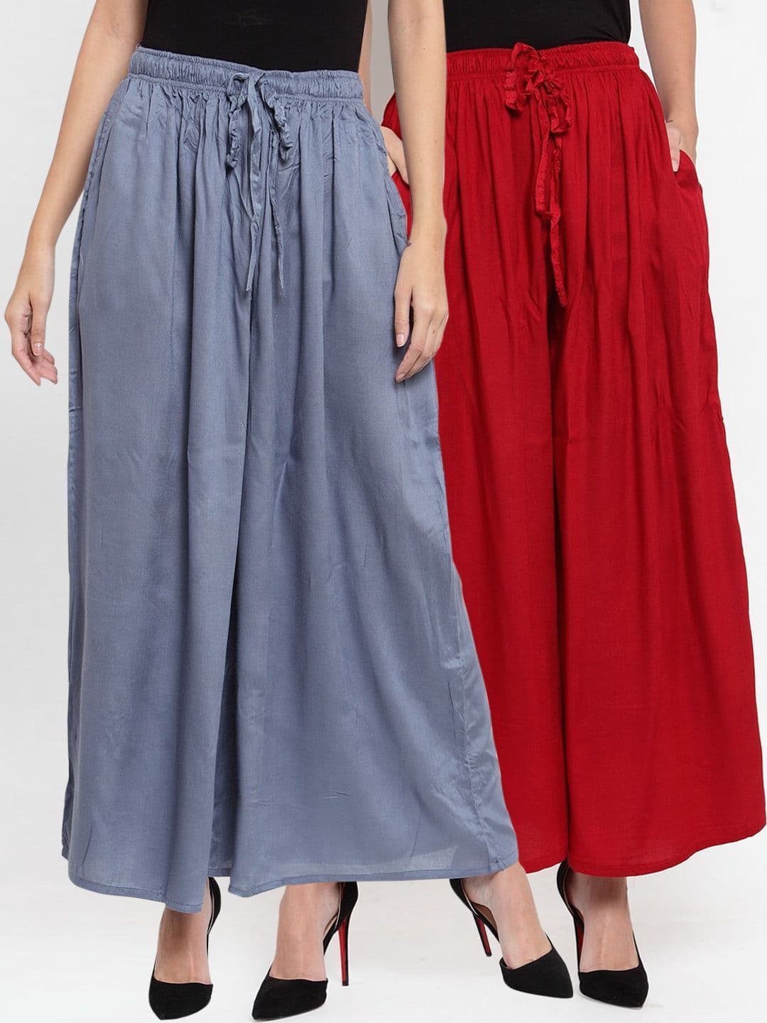 Clora Creation Women Pack Of 2 Grey & Maroon Solid Wide Leg Palazzos - view 1