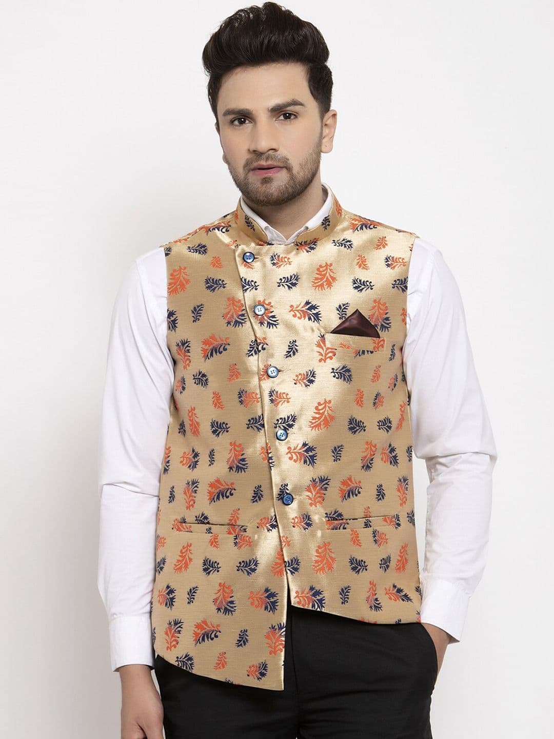 KLOTTHE Men Gold-Colored & Blue Woven Design Nehru Jacket - view 1