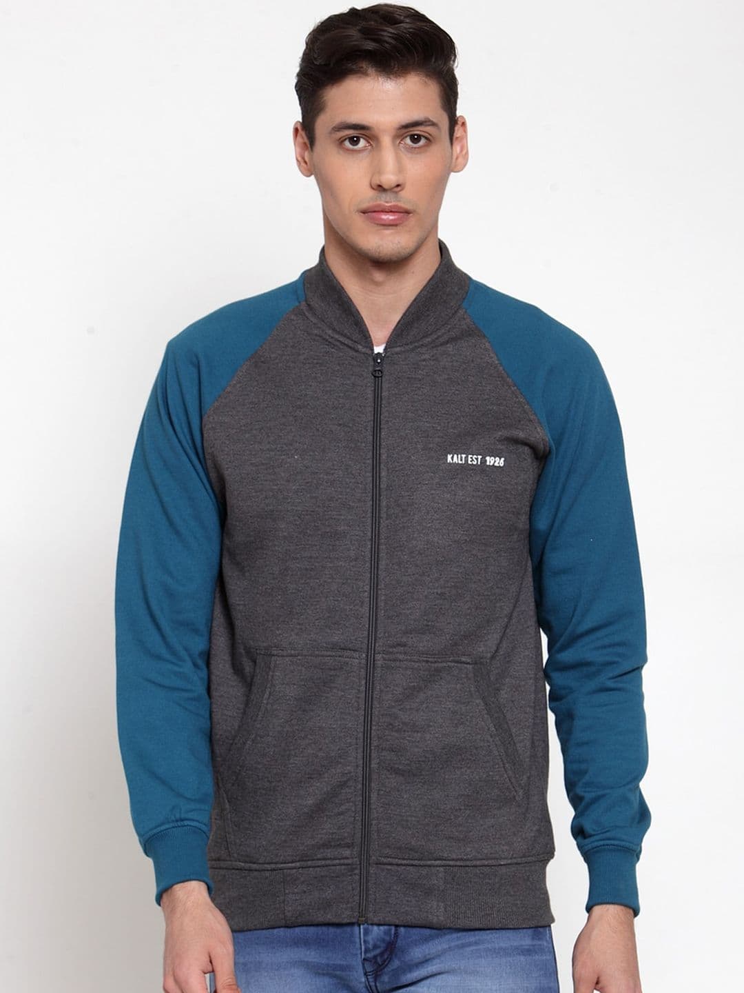 Kalt Men Charcoal & Blue Colourblocked Bomber - view 1