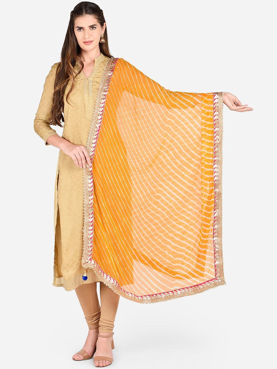 Dupatta Bazaar Women Yellow & White Leheriya Gotta Patti Dupatta - view 1