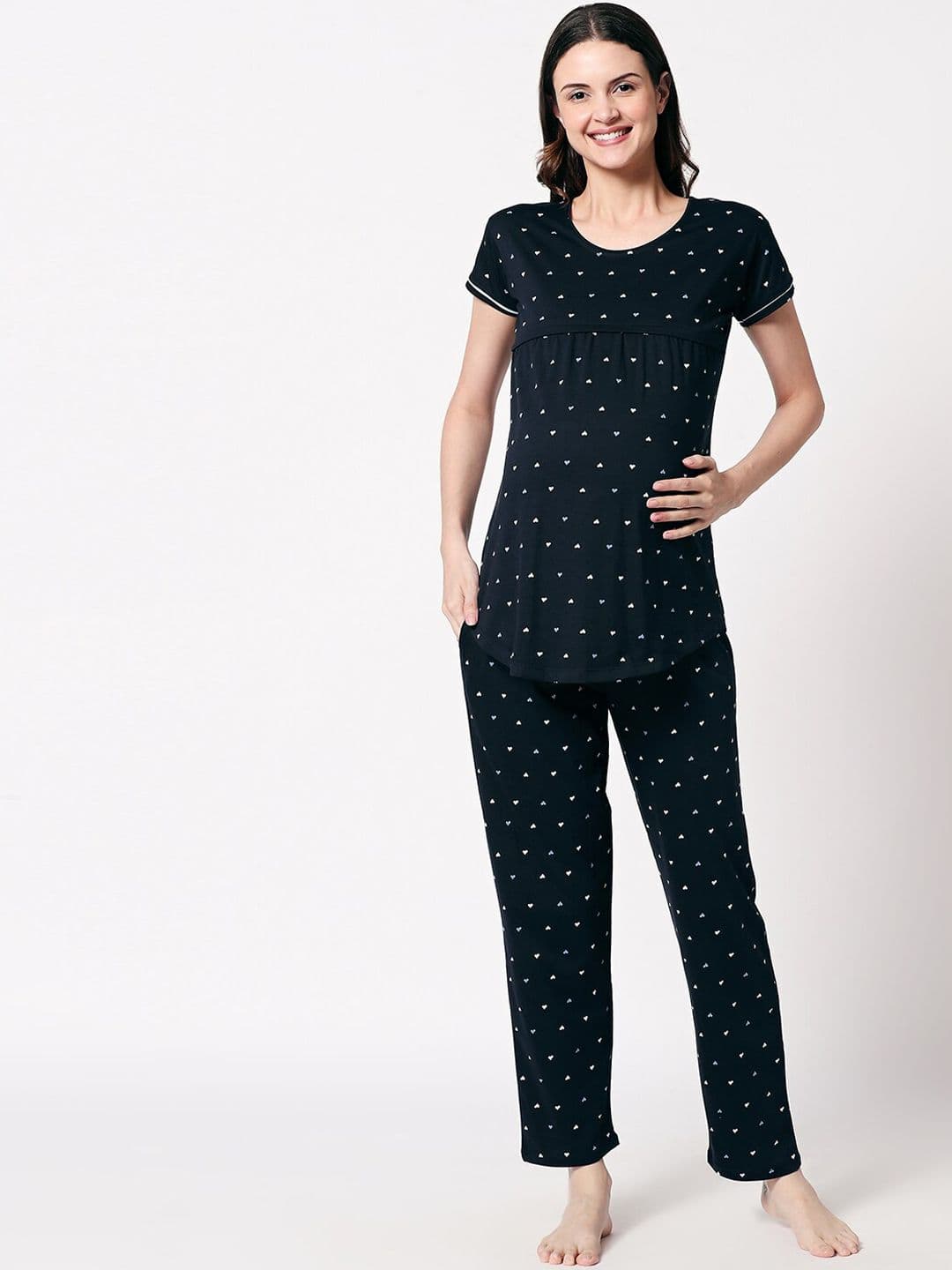 Zeyo Women Navy & White Printed Maternity & Feeding Night Suit - view 1