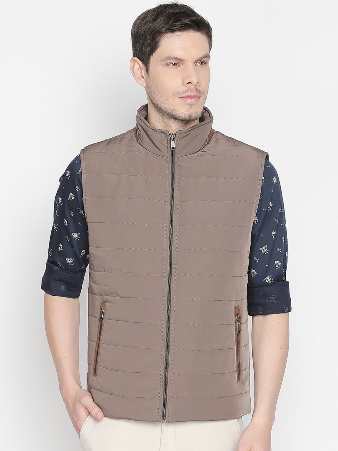 Basics Men Brown & Navy Blue Floral Print Lightweight Padded Jacket - view 1