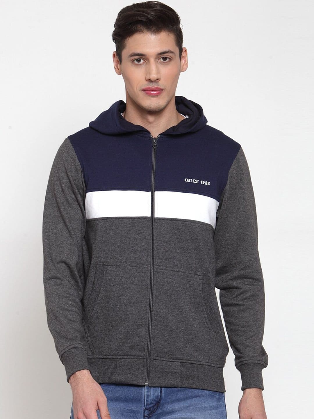 Kalt Men Grey & Navy Blue Colourblocked Hooded Open Front Jacket - view 1