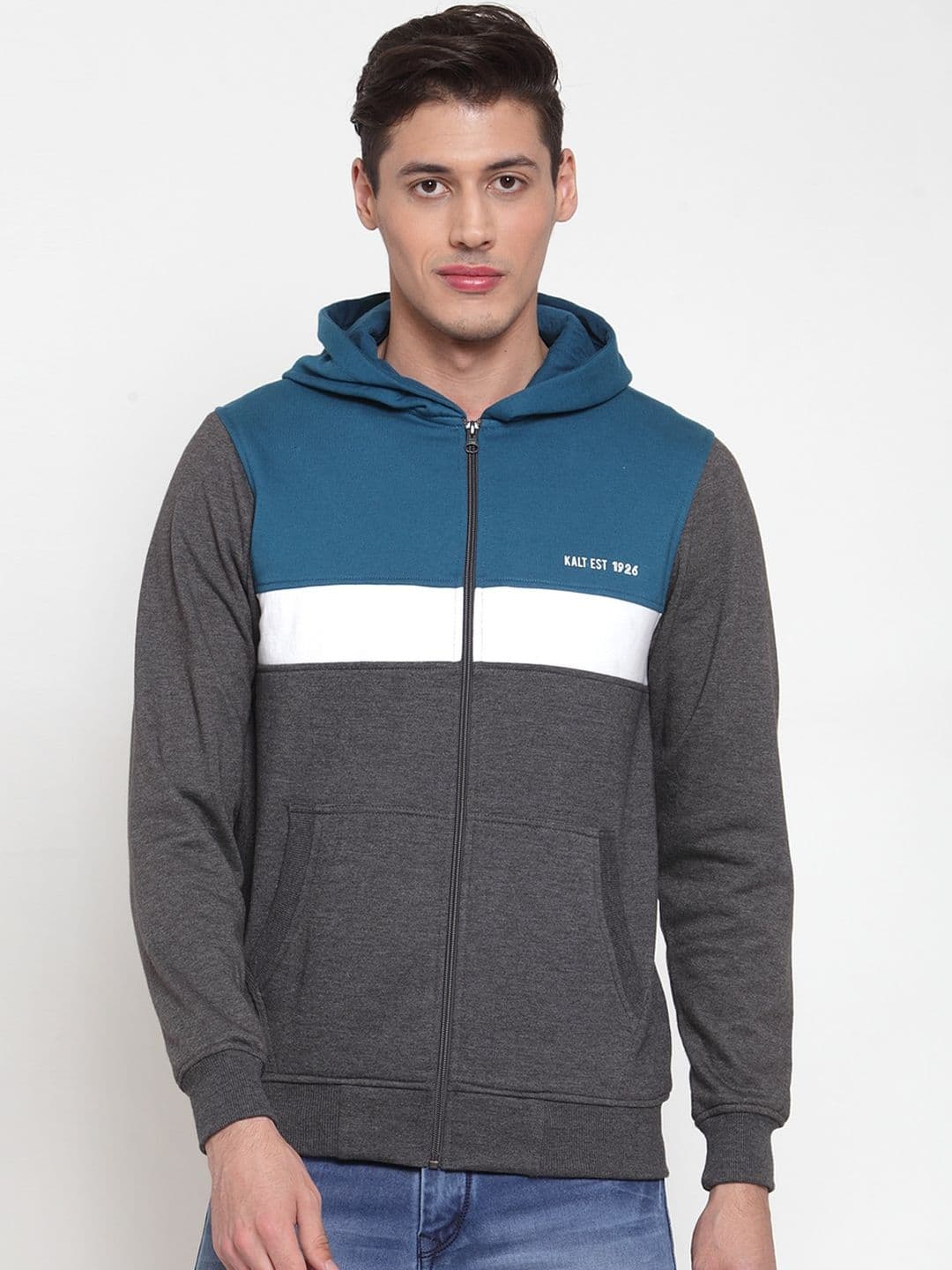 Kalt Men Charcoal Grey & Blue Colourblocked Sporty Jacket - view 1