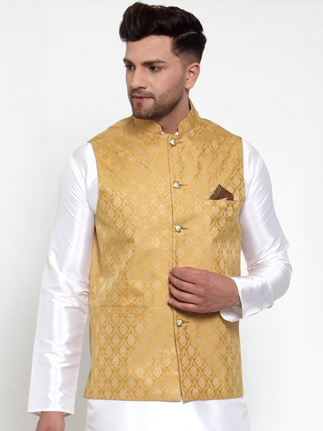 Jompers Men Gold-Coloured Woven Design Nehru Jacket - view 1