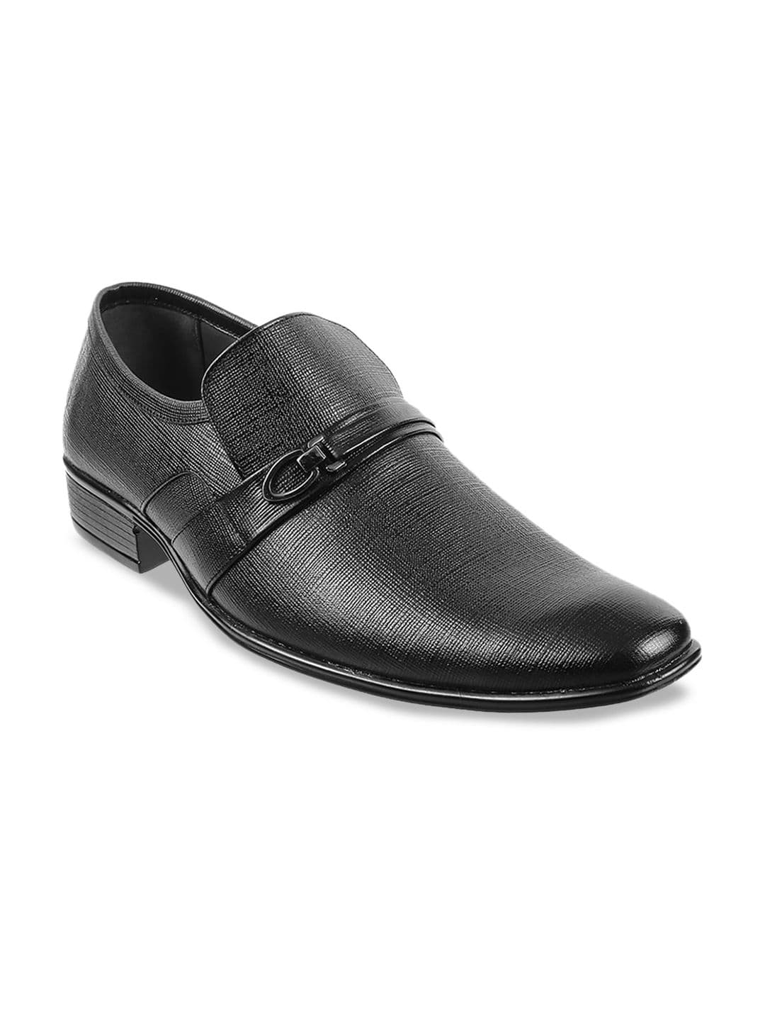 Metro Men Black Textured Leather Formal Slip Ons - view 1