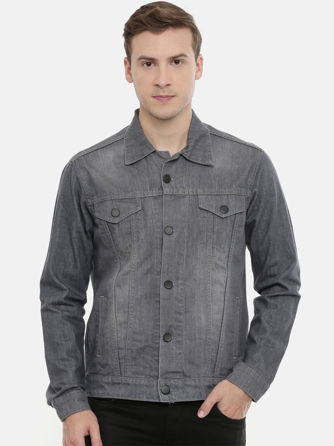 CINOCCI Men Grey Solid Denim Jacket - view 1
