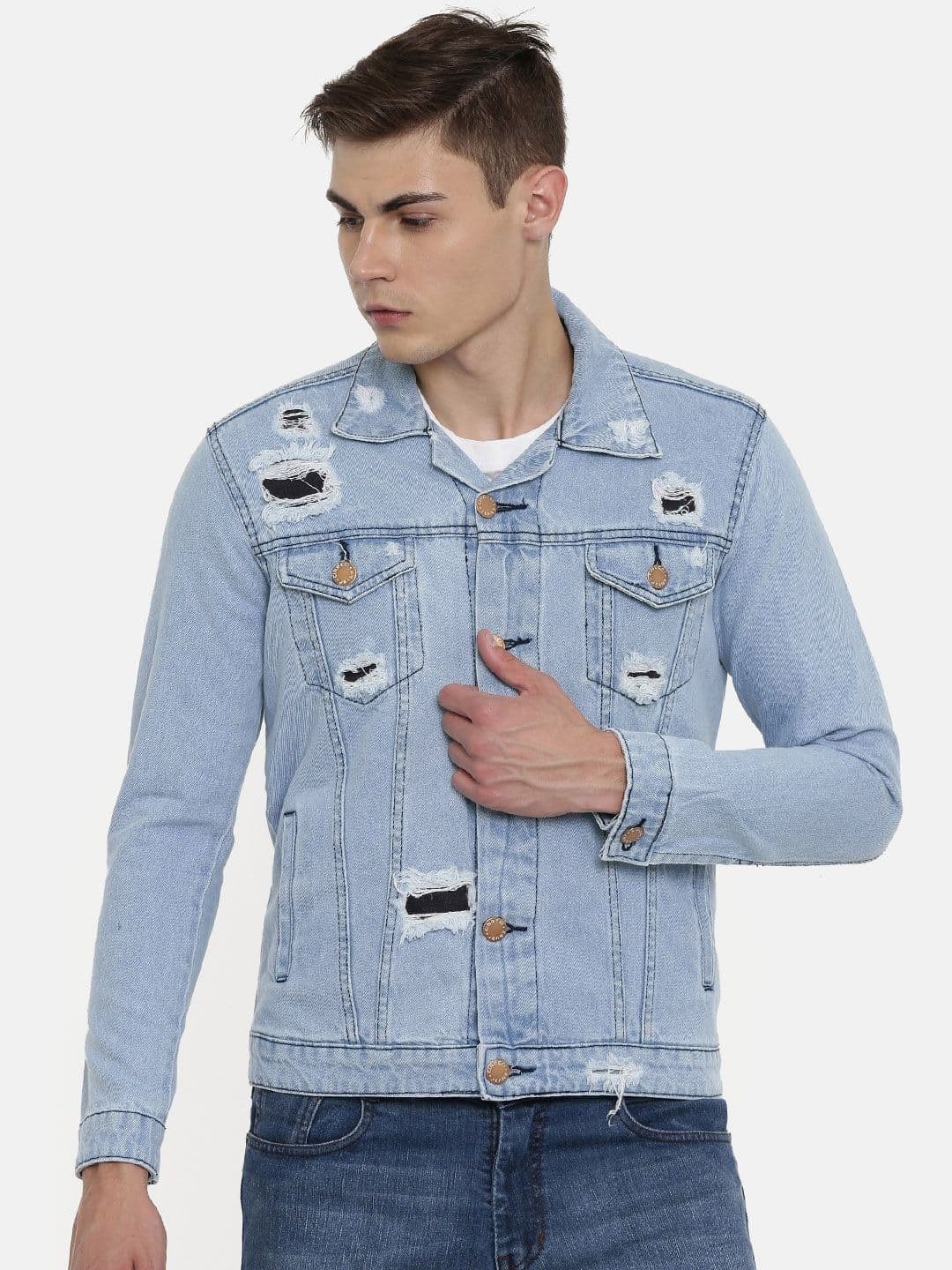 CINOCCI Men Blue Solid Lightweight Denim Jacket - view 1