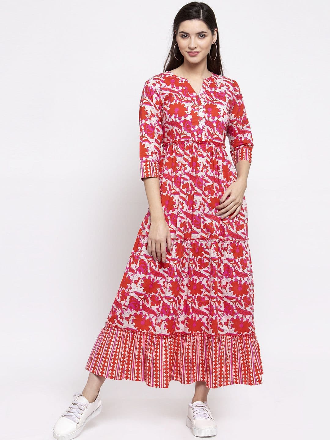 Indibelle Women Red & White Printed Maxi Dress - view 1