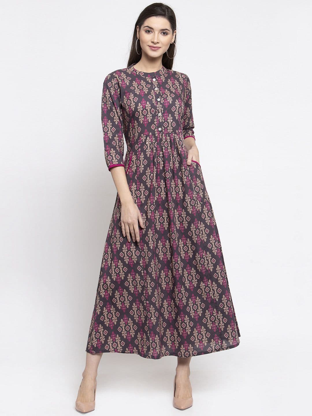 Indibelle Women Grey & Pink Printed Maxi Dress - view 1