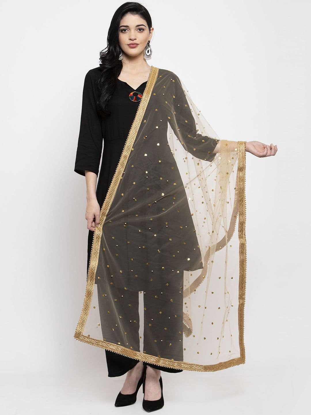 Clora Creation Gold-Coloured Gotta Patti Net Dupatta - view 1