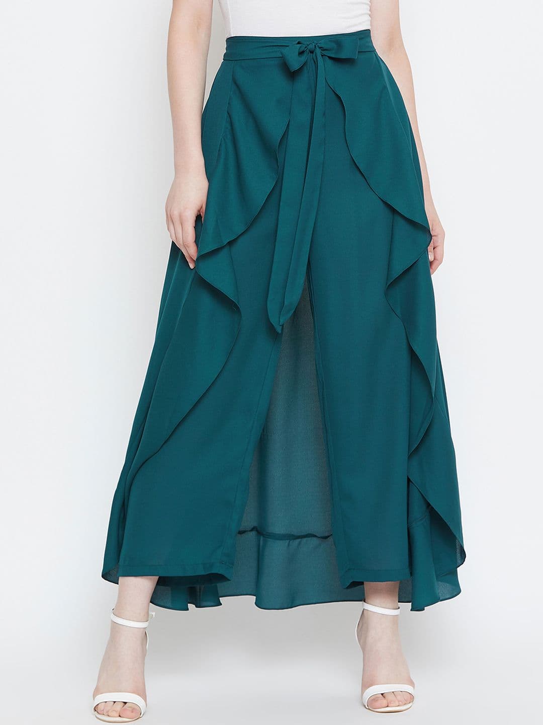 La Zoire Women Teal Green Solid Layered Straight Palazzos - view 1