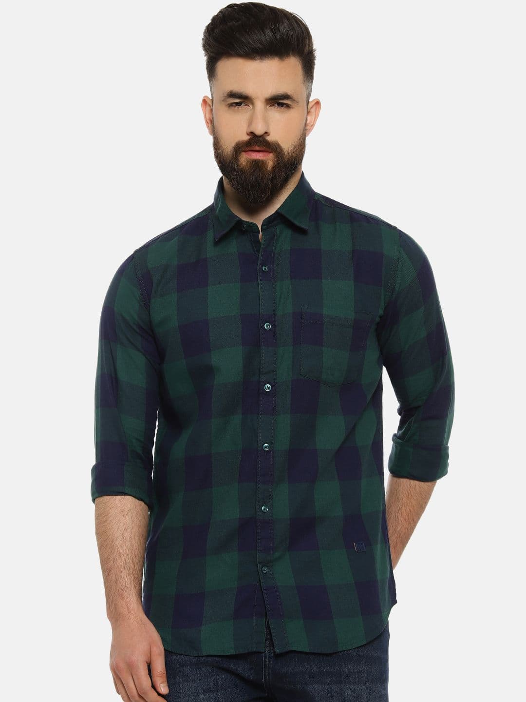 CAHOOT Men Green & Navy Blue Regular Fit Checked Casual Shirt - view 1