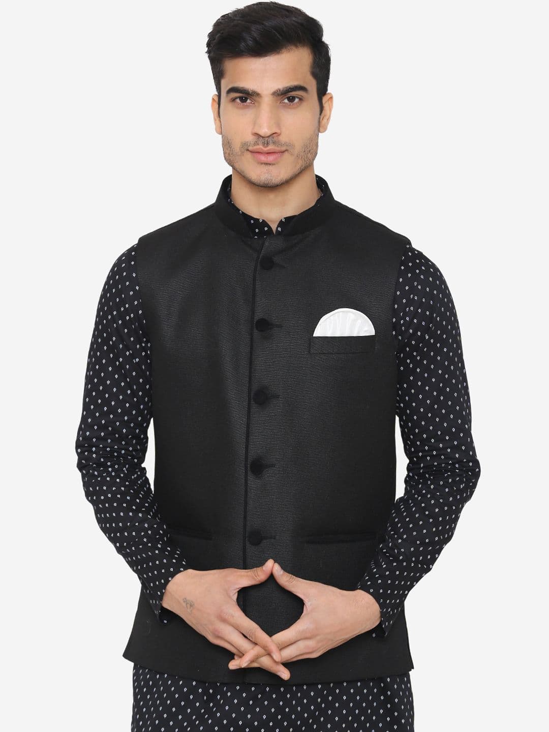 Wintage Men Black Solid Satin Nehru Jacket - view 1