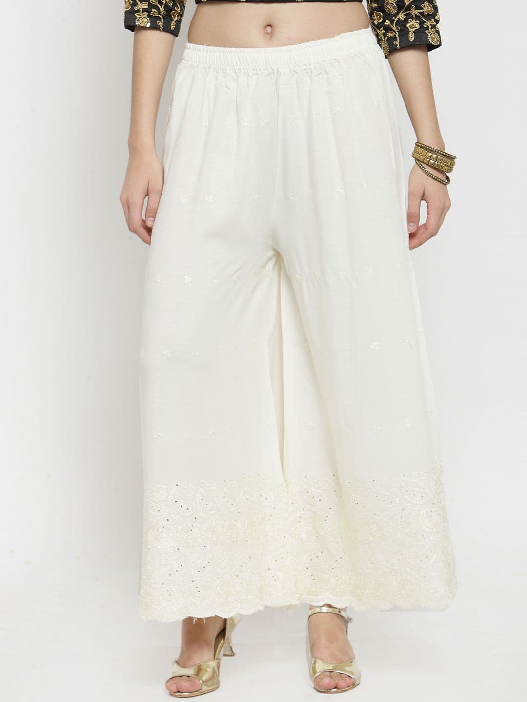 Clora Creation Women Off-White Embroidered Chikankari Wide Leg Palazzos - view 1