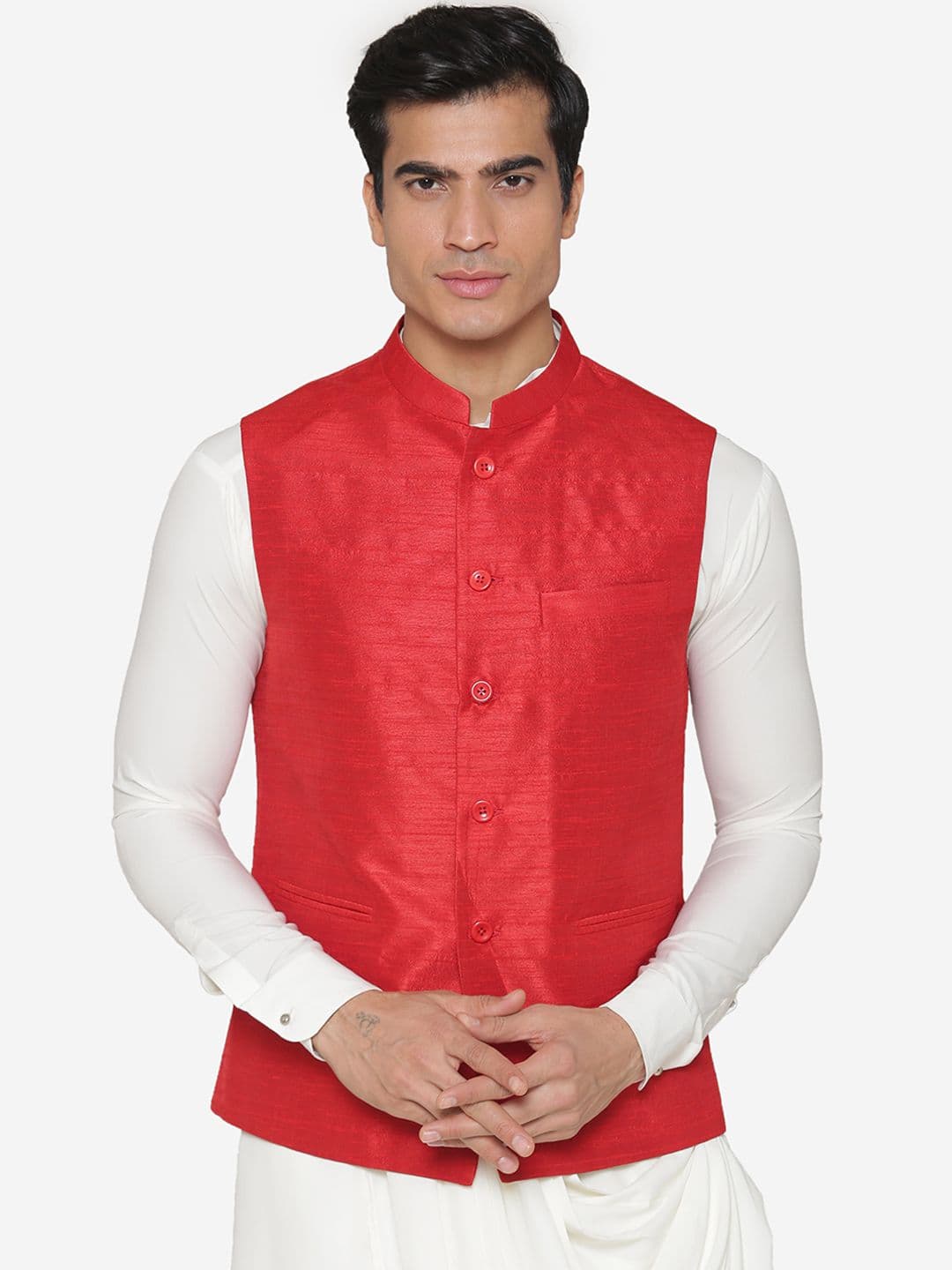 MANQ Men Red Solid Nehru Jacket - view 1