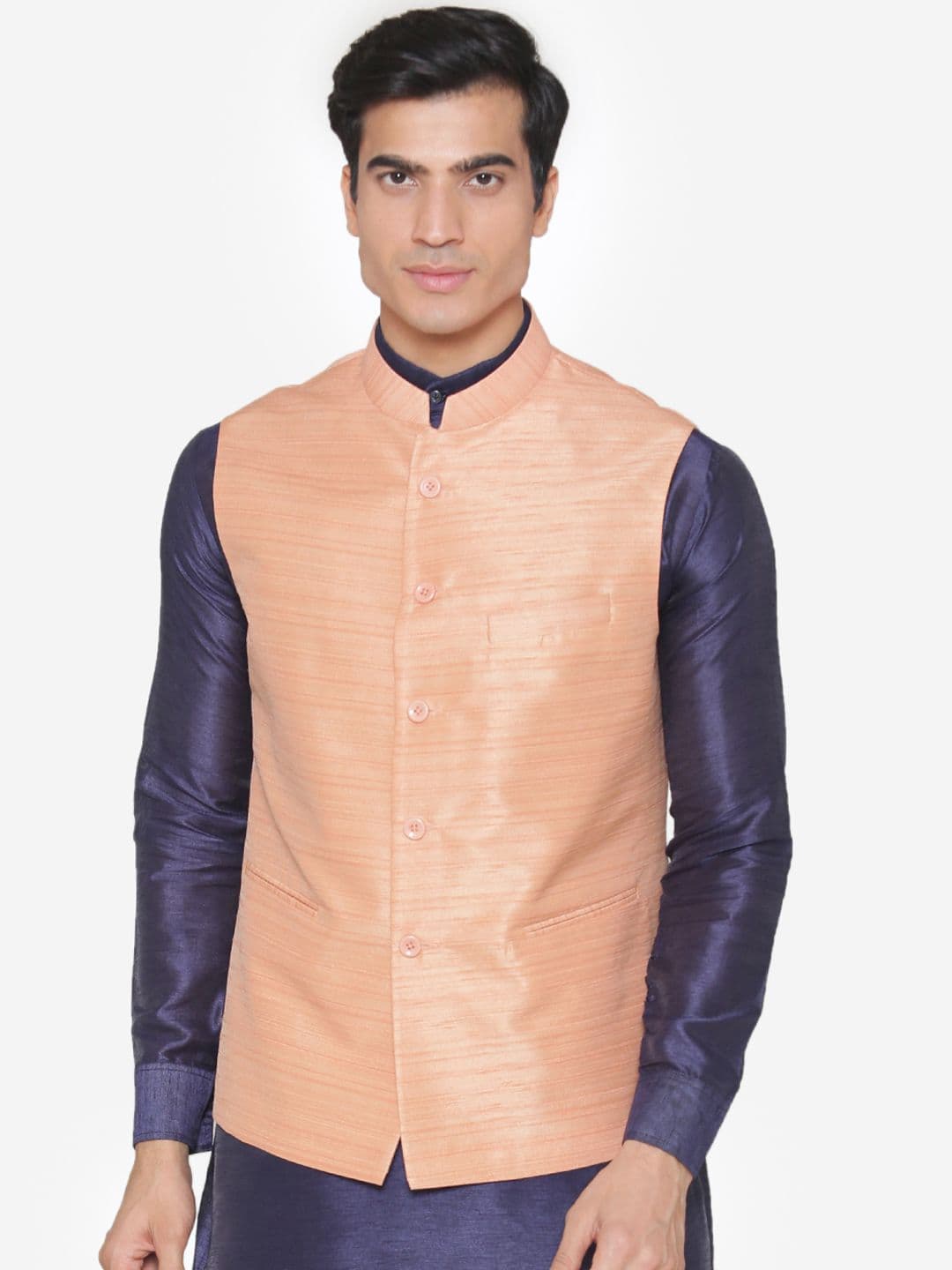 MANQ Men Peach-Coloured Solid Nehru Jacket - view 1
