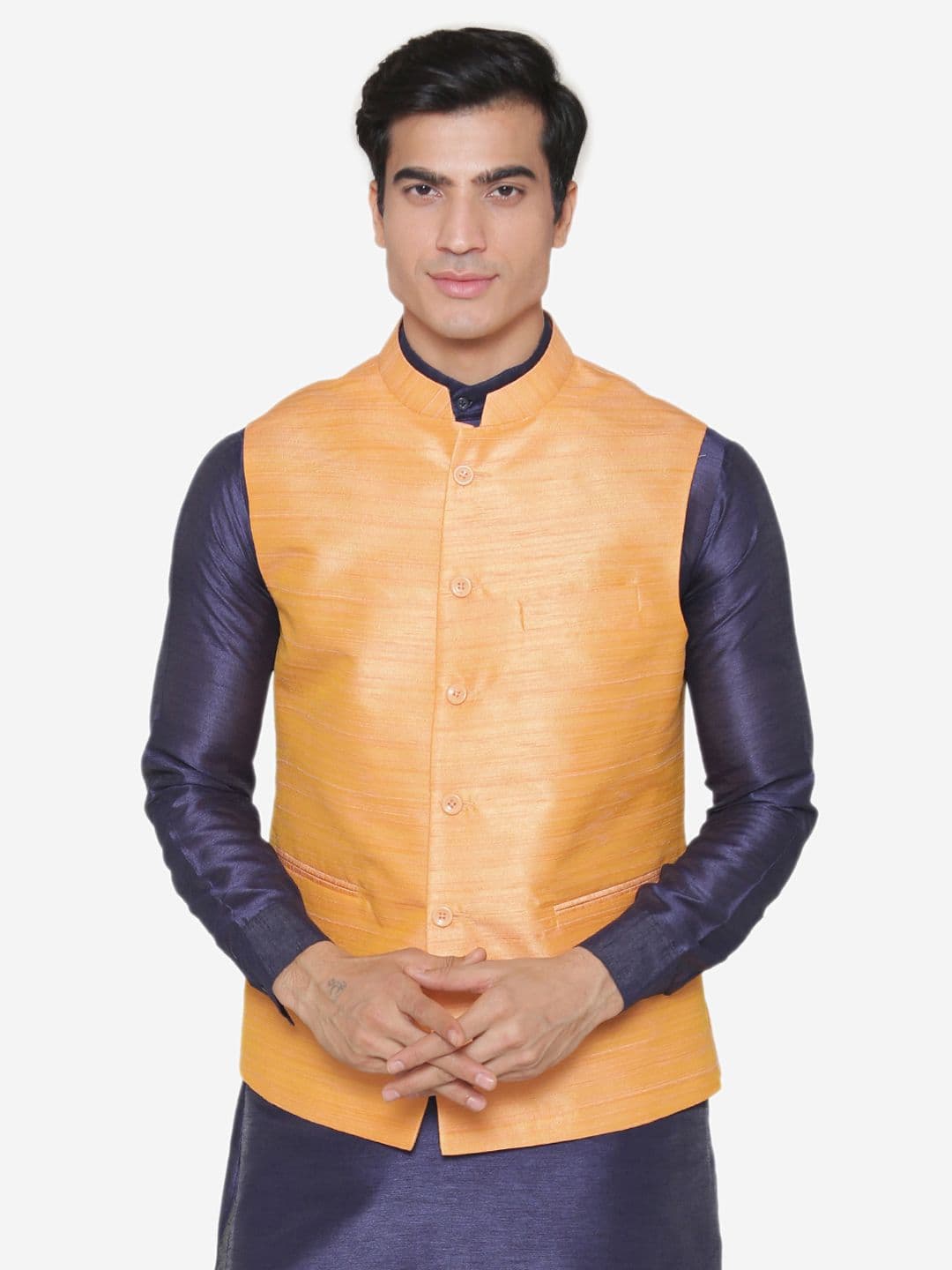 MANQ Men Orange Solid Nehru Jacket - view 1