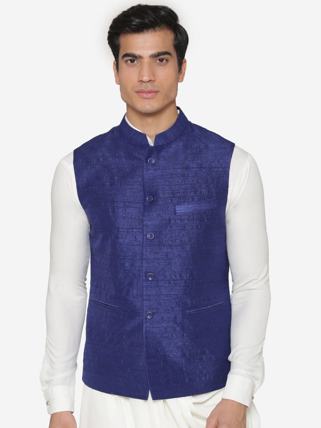 MANQ Men Blue Solid Nehru Jacket - view 1