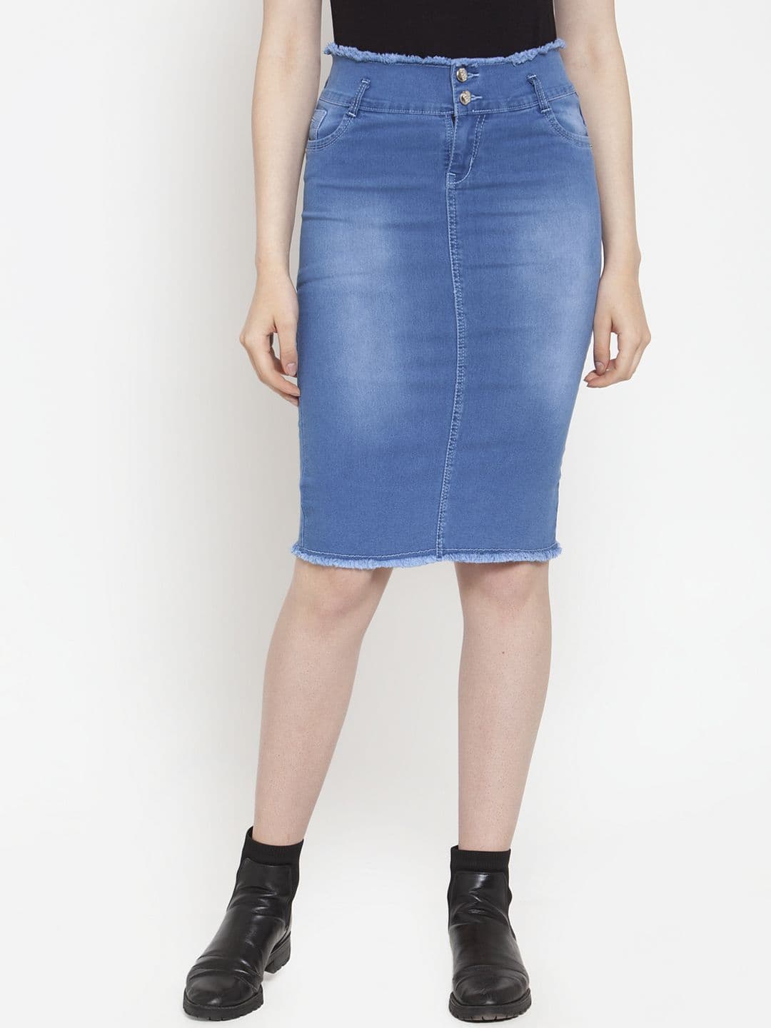 Purple Feather Blue Straight High Waist Denim Stretchable Skirt - view 1