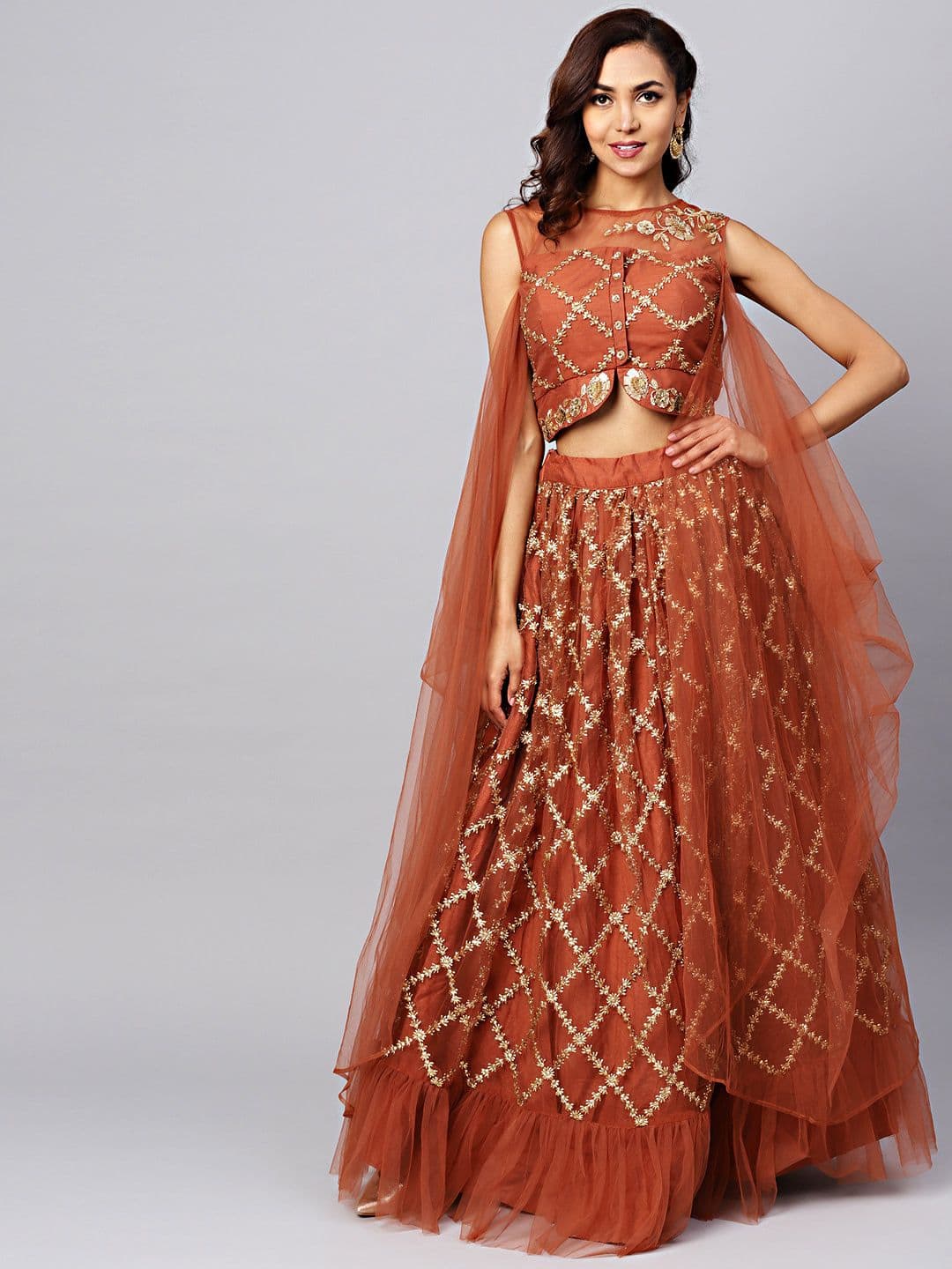 Chhabra 555 Rust Brown Made to Measure Lehenga with Blouse - view 1