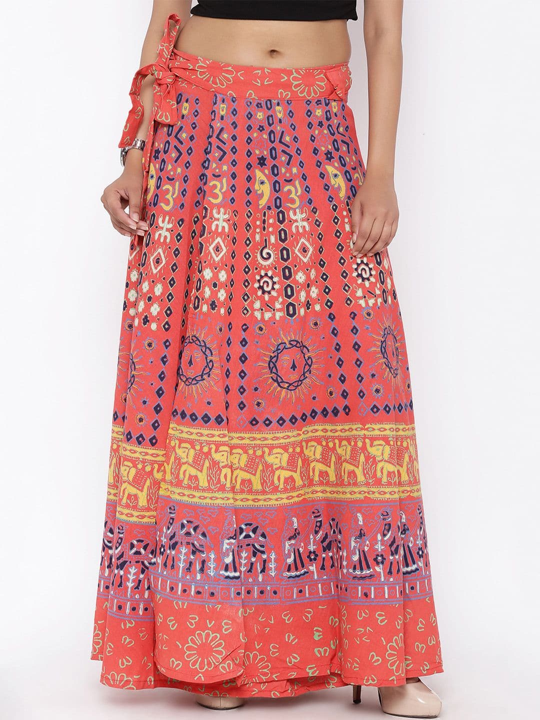 SOUNDARYA Women Orange & Blue Printed Flared Wrap Around Maxi Skirt - view 1