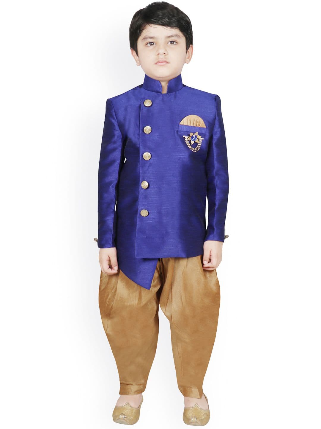 SG YUVRAJ Boys Blue & Gold-Coloured Solid Silk Sherwani