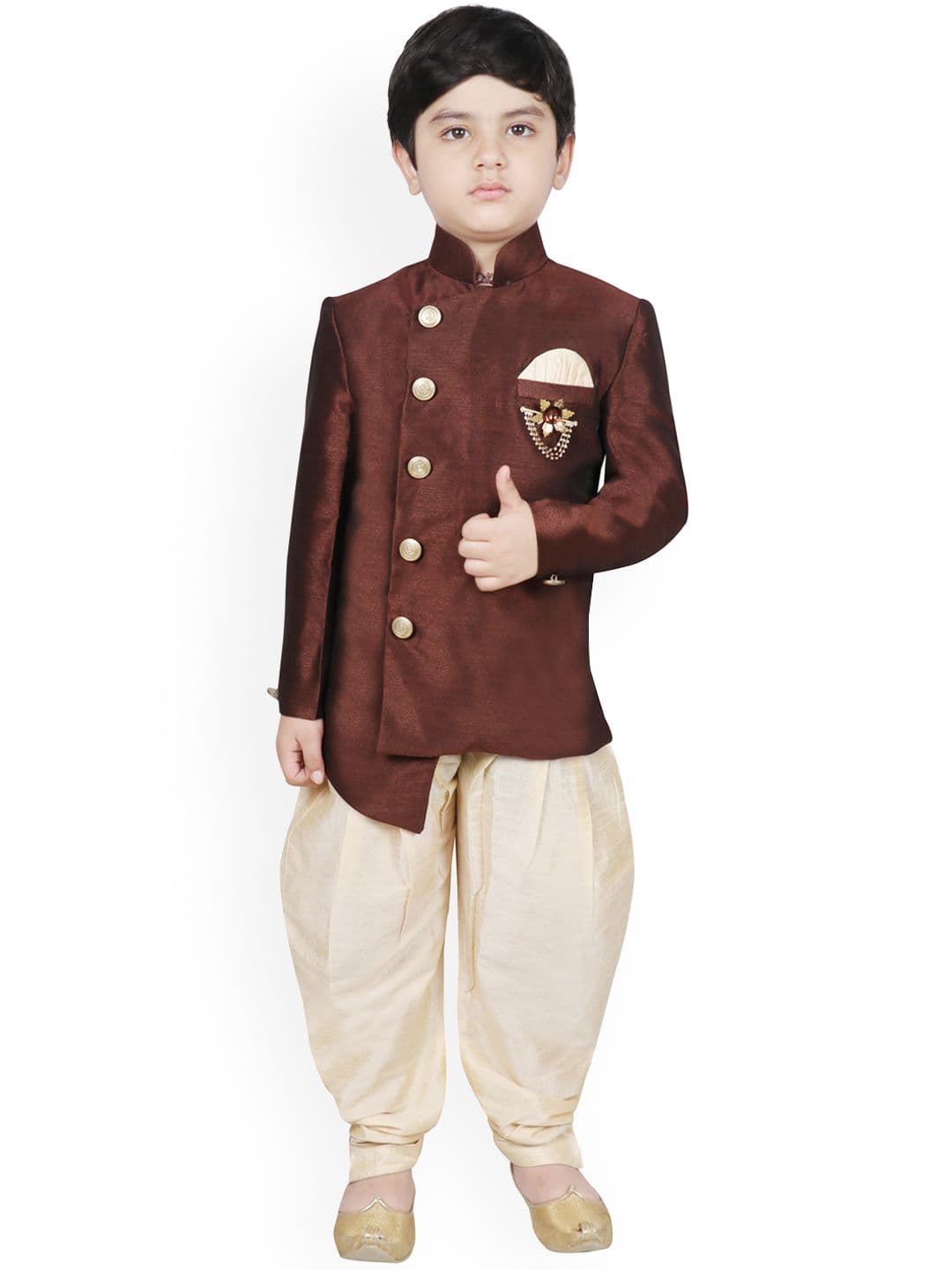 SG YUVRAJ Boys Brown & Beige Solid Silk Sherwani