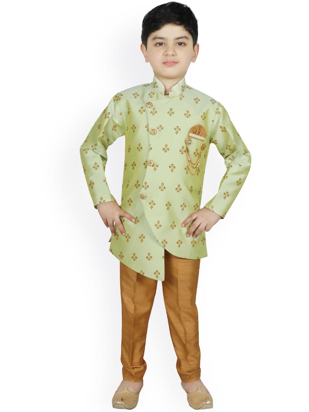 SG YUVRAJ Boys Green & Mustard Yellow Printed Silk Sherwani