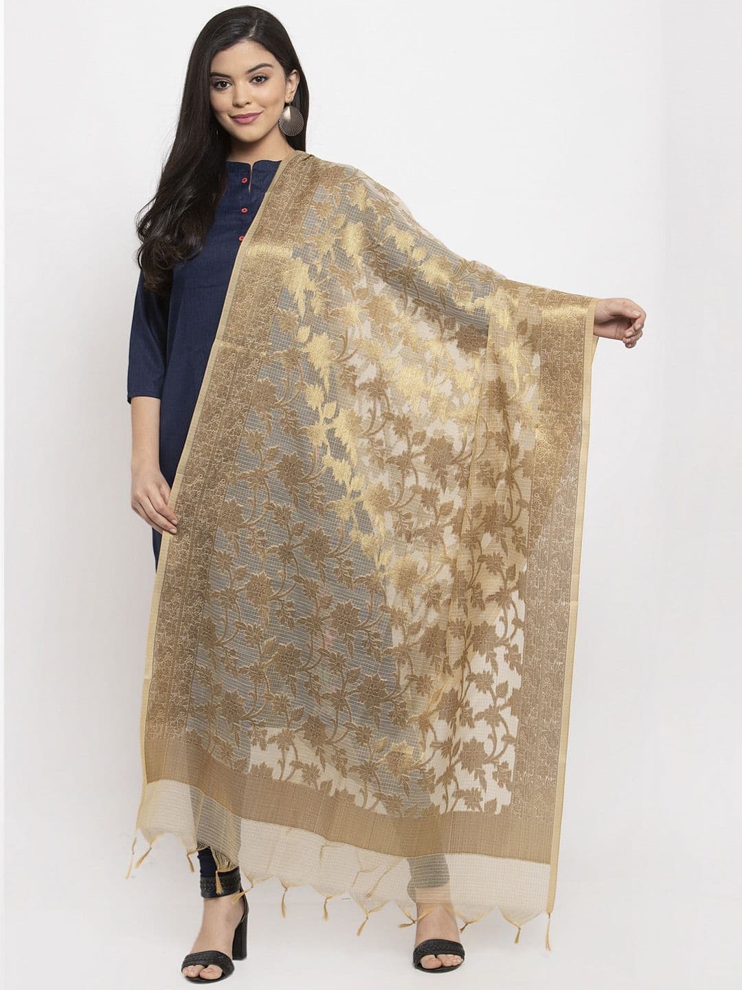 LOOM LEGACY Gold-Toned Banarsi Jacquard Woven Design Dupatta - view 1