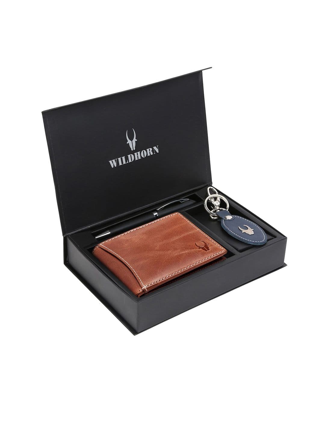 WildHorn Men Tan Brown & Blue RFID Protected Genuine Leather Accessory Gift Set