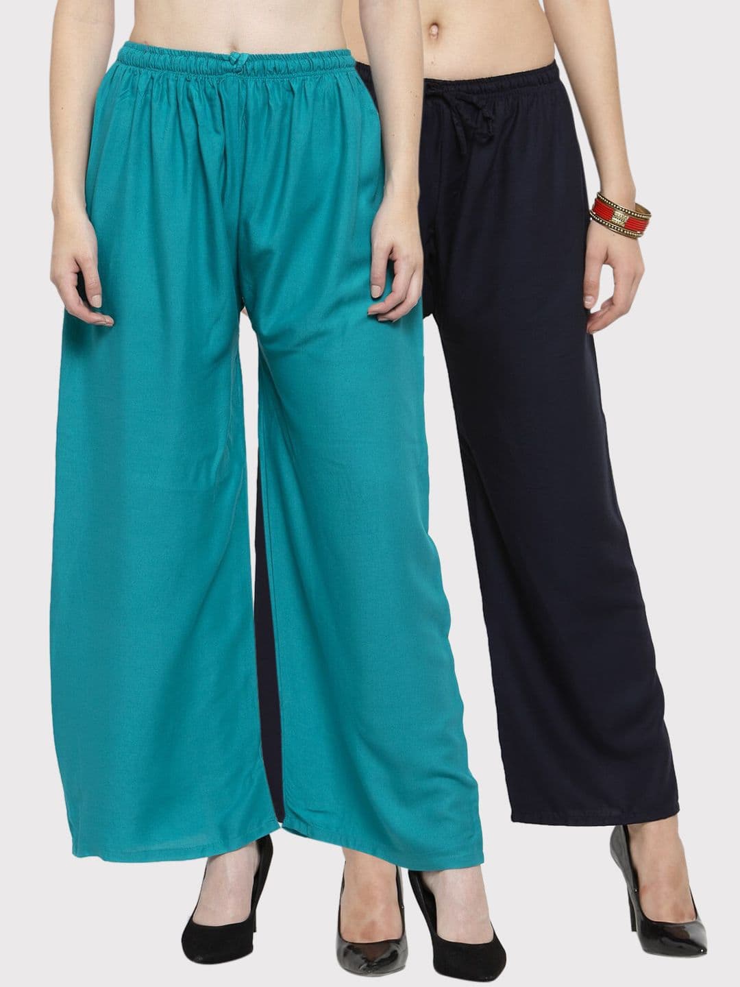 Clora Creation Women Pack Of 2 Turquoise Blue & Black Solid Straight Palazzos - view 1