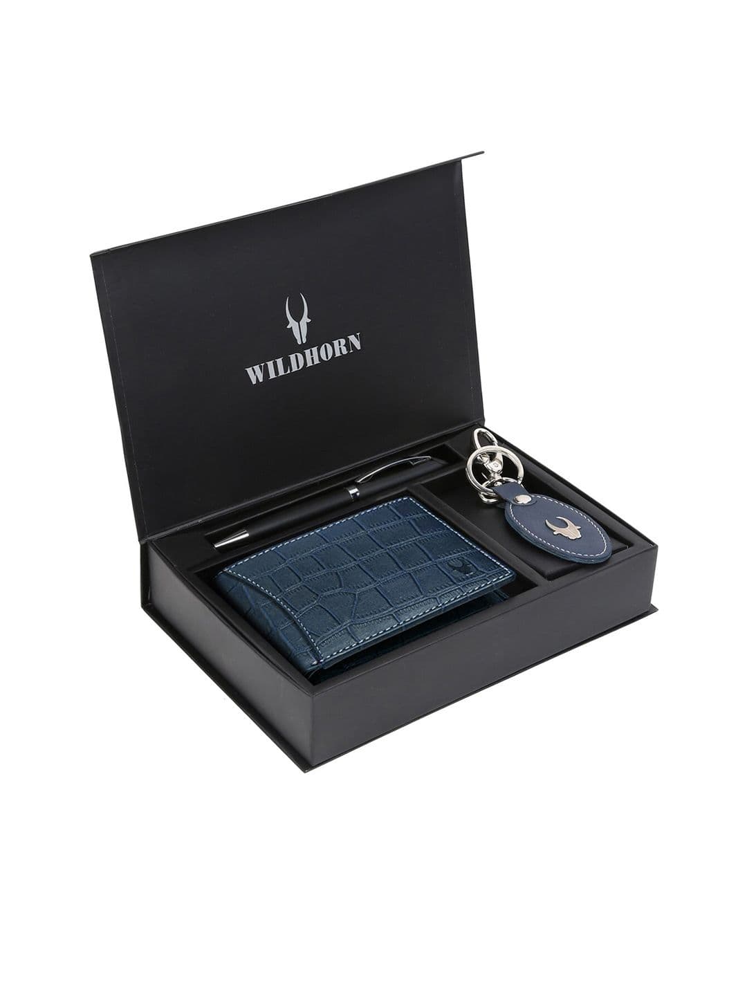 WildHorn Men Blue & Black RFID Protected Genuine Leather Wallet & Pen Accessory Gift Set