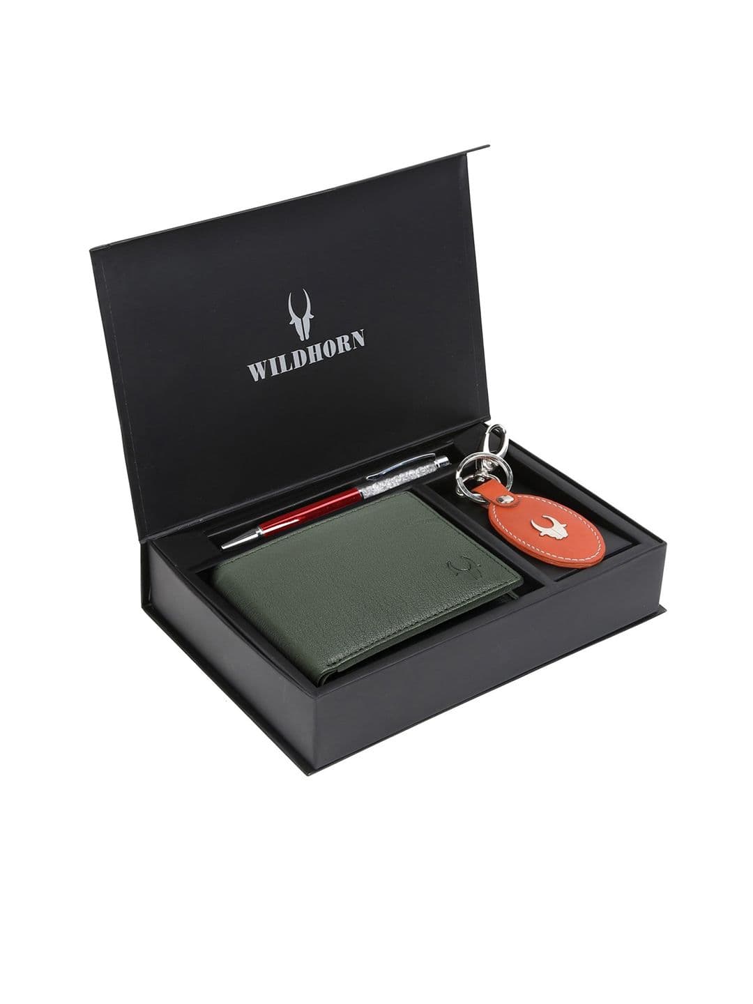 WildHorn Men Green & Orange RFID Protected Genuine Leather Accessory Gift Set