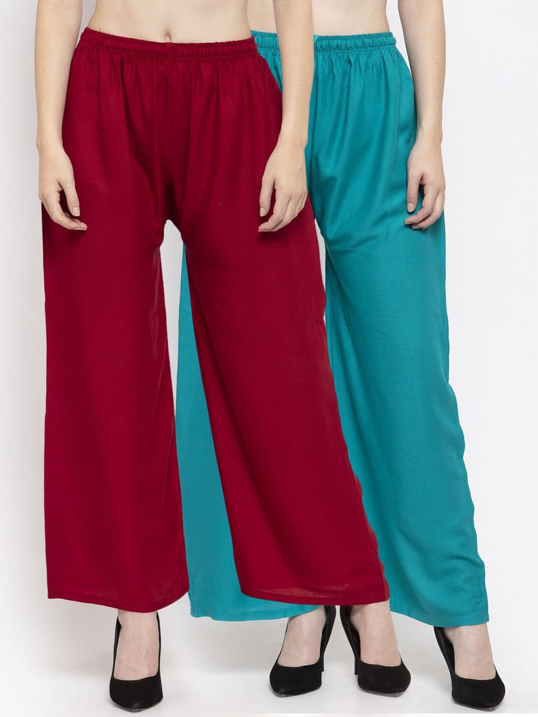 Clora Creation Women Pack of 2 Maroon & Turquoise Blue Solid Straight Palazzos - view 1