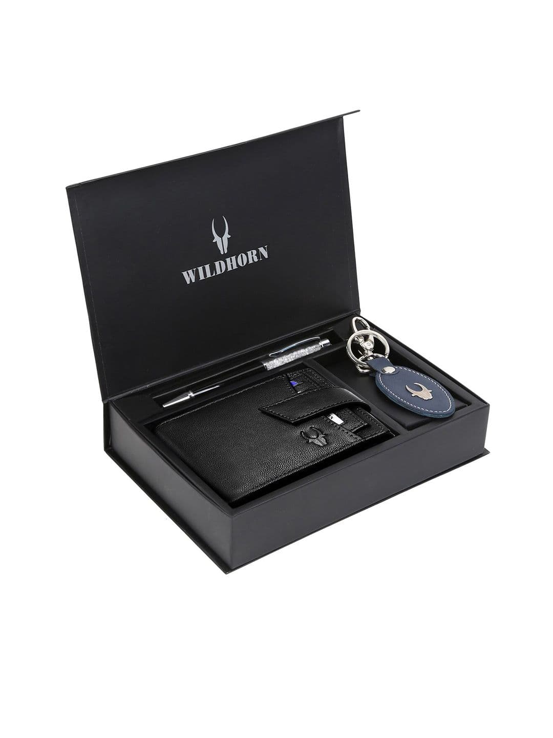 WildHorn Men Black & Blue RFID Protected Genuine Leather Accessory Gift Set