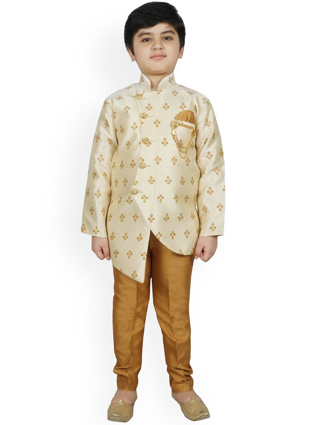 SG YUVRAJ Boys Off White & Brown Raw Silk Sherwani Set