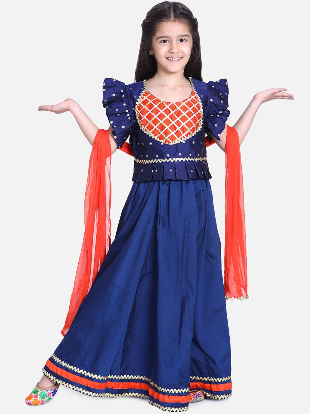 BownBee Girls Blue & Red Embellished Ready to Wear Lehenga & Blouse with Dupatta - view 1
