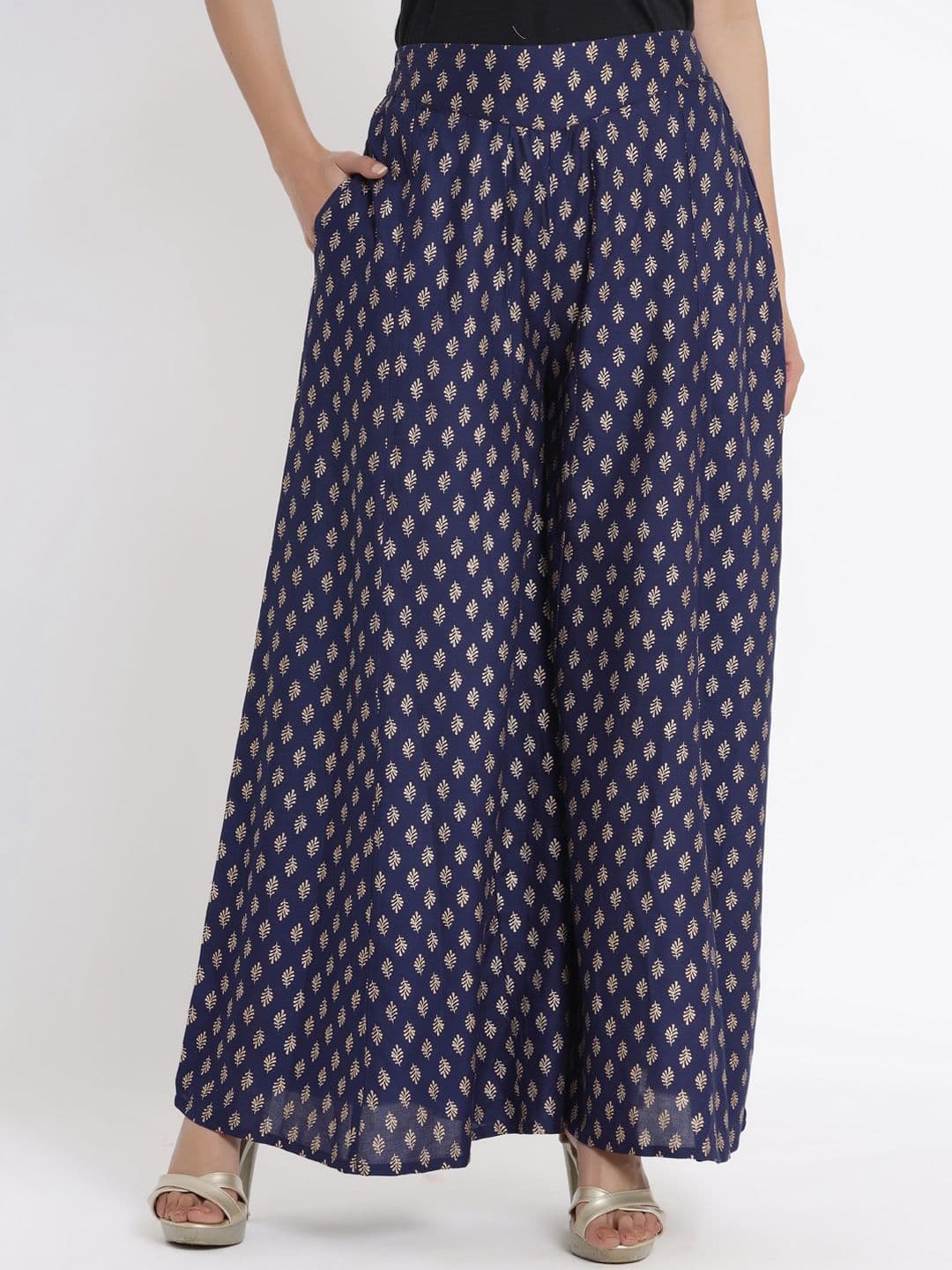 Juniper Women Navy Blue & Gold-Coloured Printed Flared Palazzo - view 1