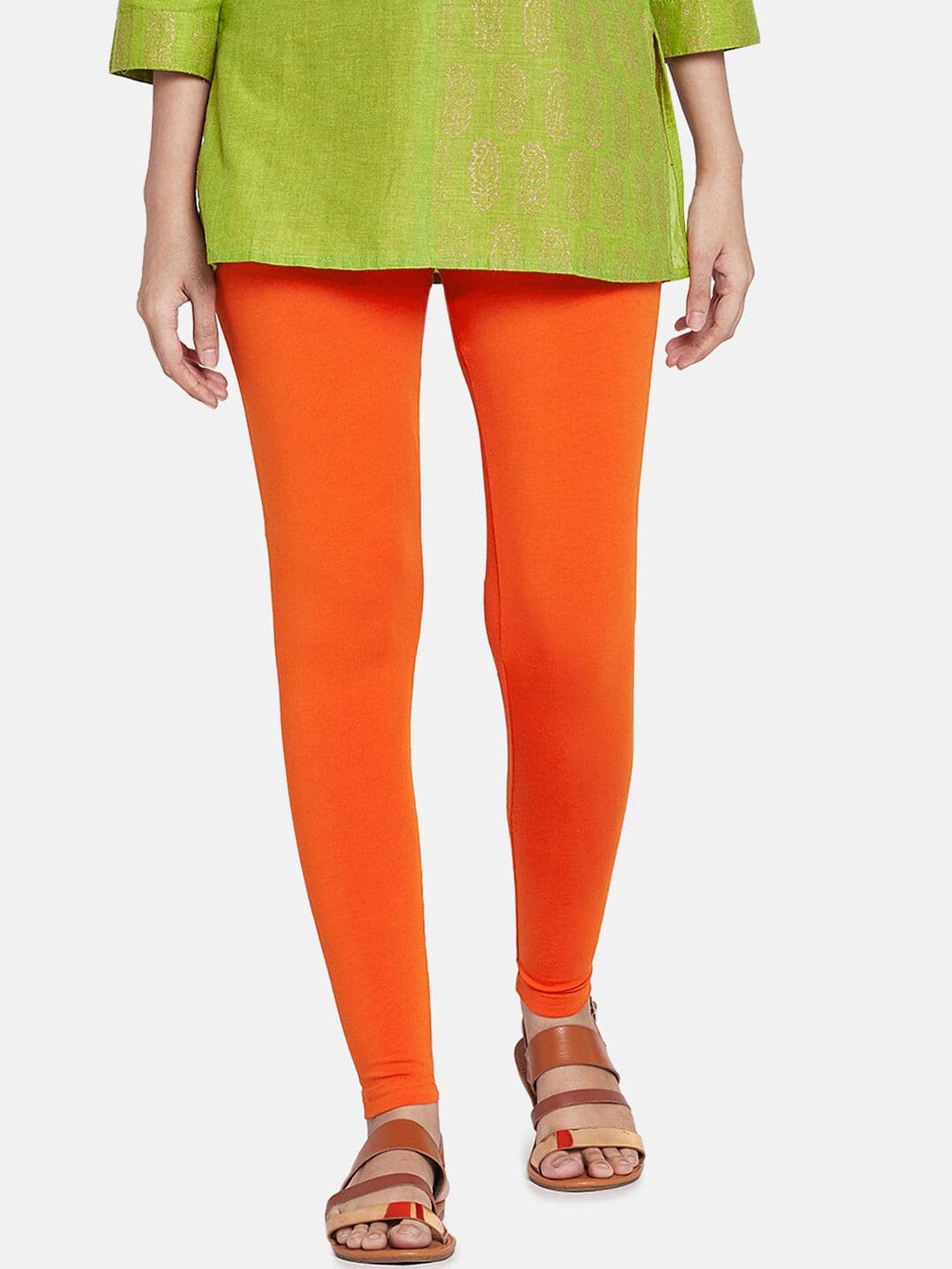 Go Colors Women Orange Solid Ankle-Length Cotton Leggings - view 1