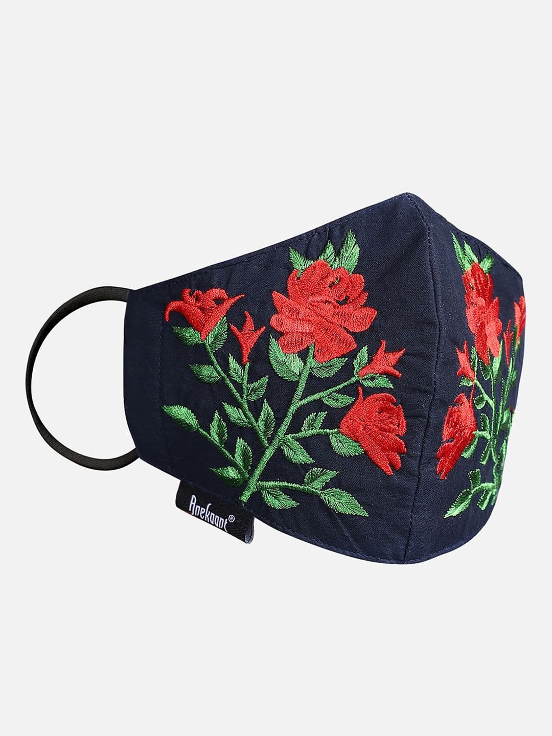 Anekaant Women Navy Blue & Red Floral Embroidered 3-Ply Reusable Fabric Fashion Mask - view 1