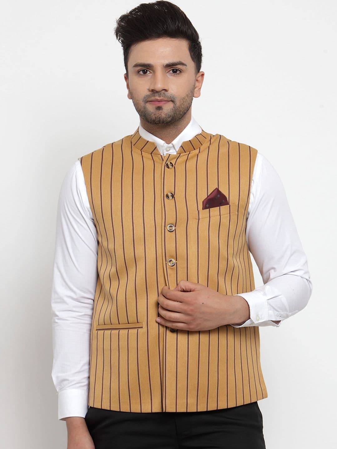 NEUDIS Men Mustard Yellow & Brown Woven Striped Nehru Jacket - view 1