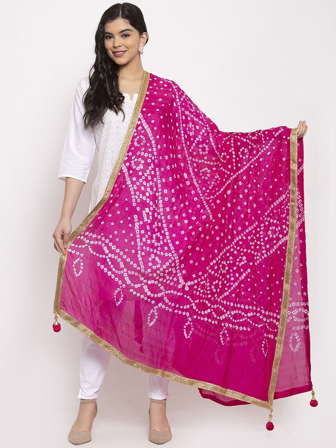 Clora Creation Magenta & White Bandhani Dyed Dupatta - view 1