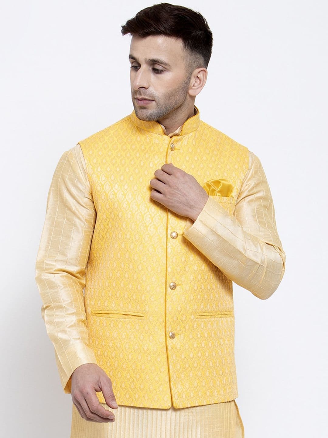 Badoliya & Sons Men Yellow & Gold-Colour Woven-Design Nehru Jacket - view 1