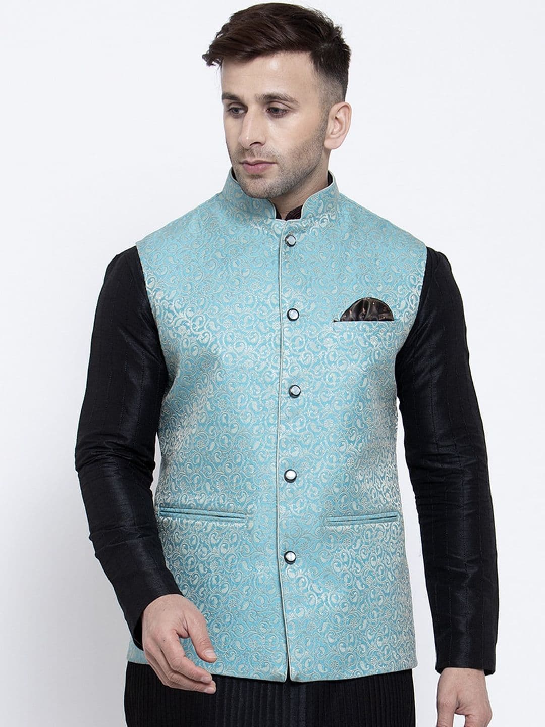 Badoliya & Sons Men Turquoise Blue & Off-White Woven Design Nehru Jacket - view 1