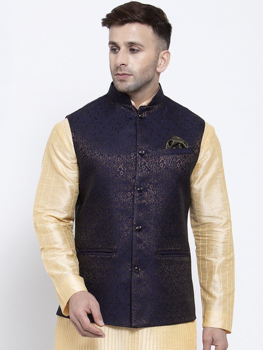 Badoliya & Sons Men Navy Blue & Gold Toned Woven Design Nehru Jacket - view 1