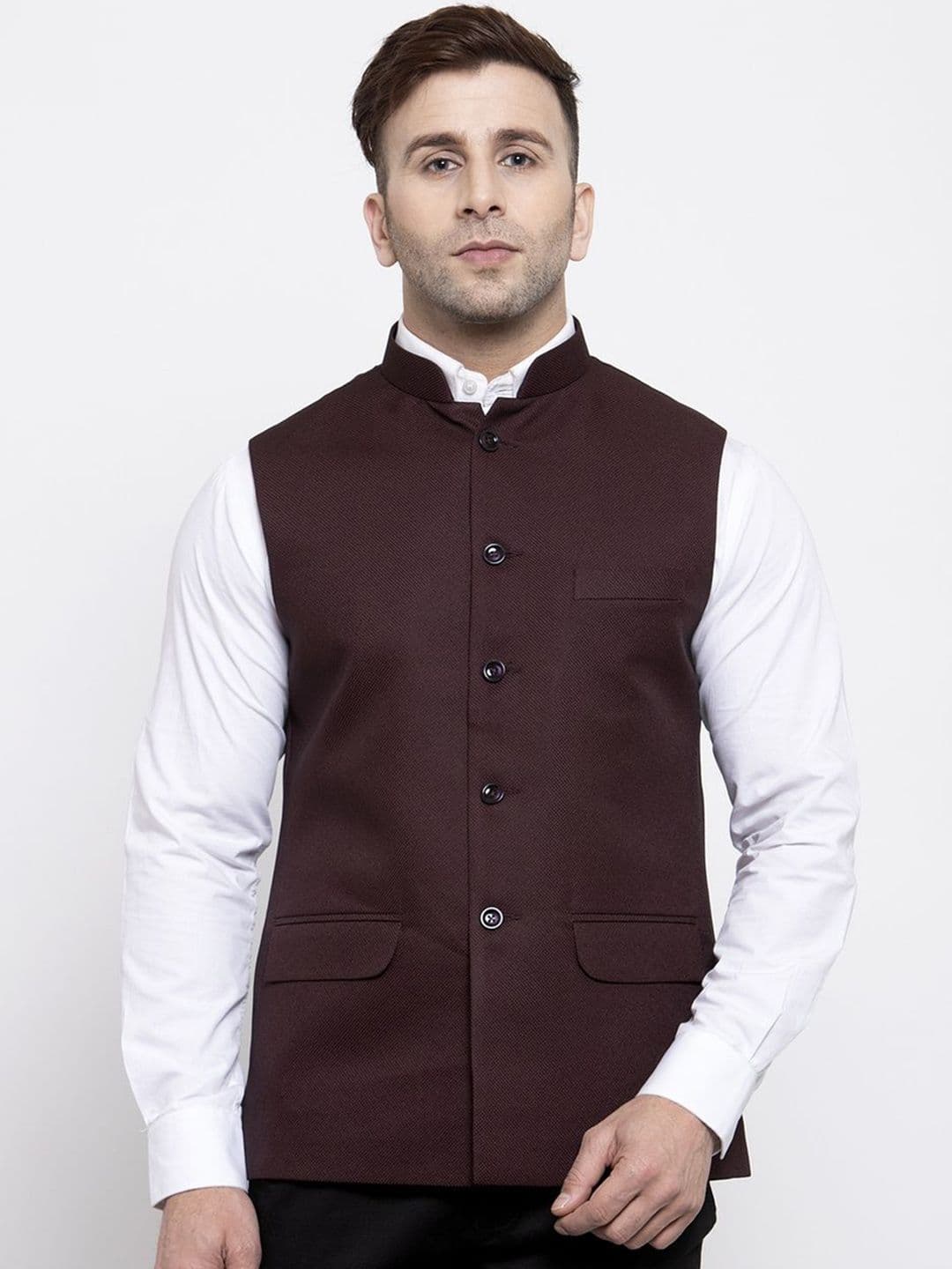Wintage Men Brown Solid Satin Nehru Jacket - view 1