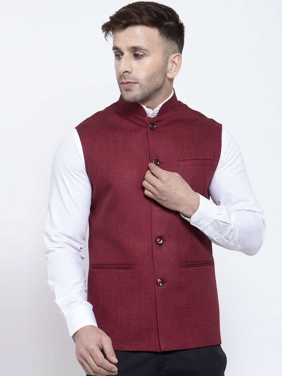 Badoliya & Sons Men Maroon Solid Nehru Jacket - view 1